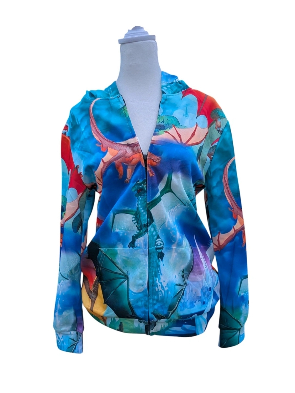 Vibrant Dragon Print Zip-Up Hoodie in Blue & Teal